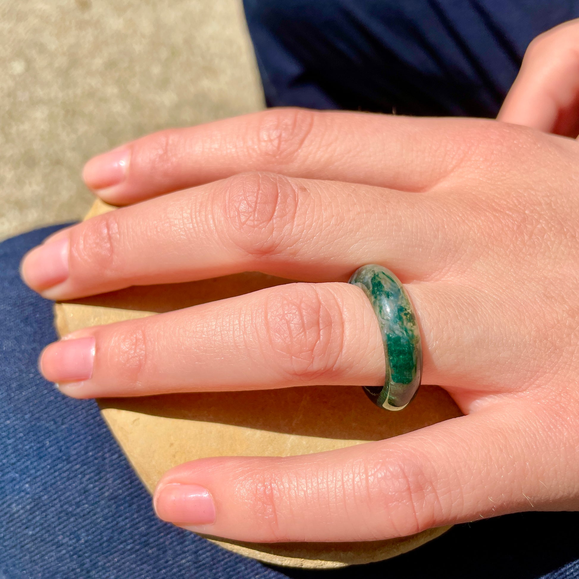 carmela moss agate ring on woman's hand, by whitestone jewelry co.