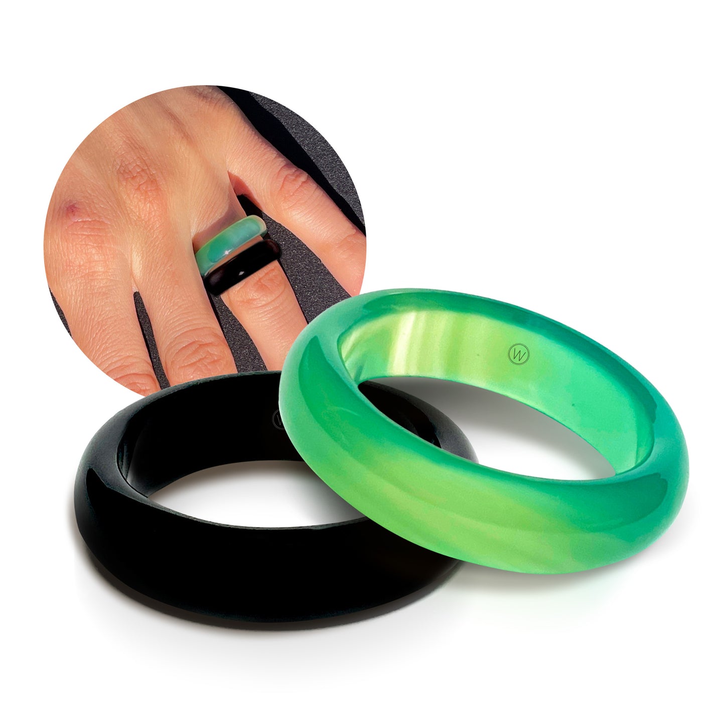 black onyx and green agate stone rings on model's hand, by whitestone jewelry co.