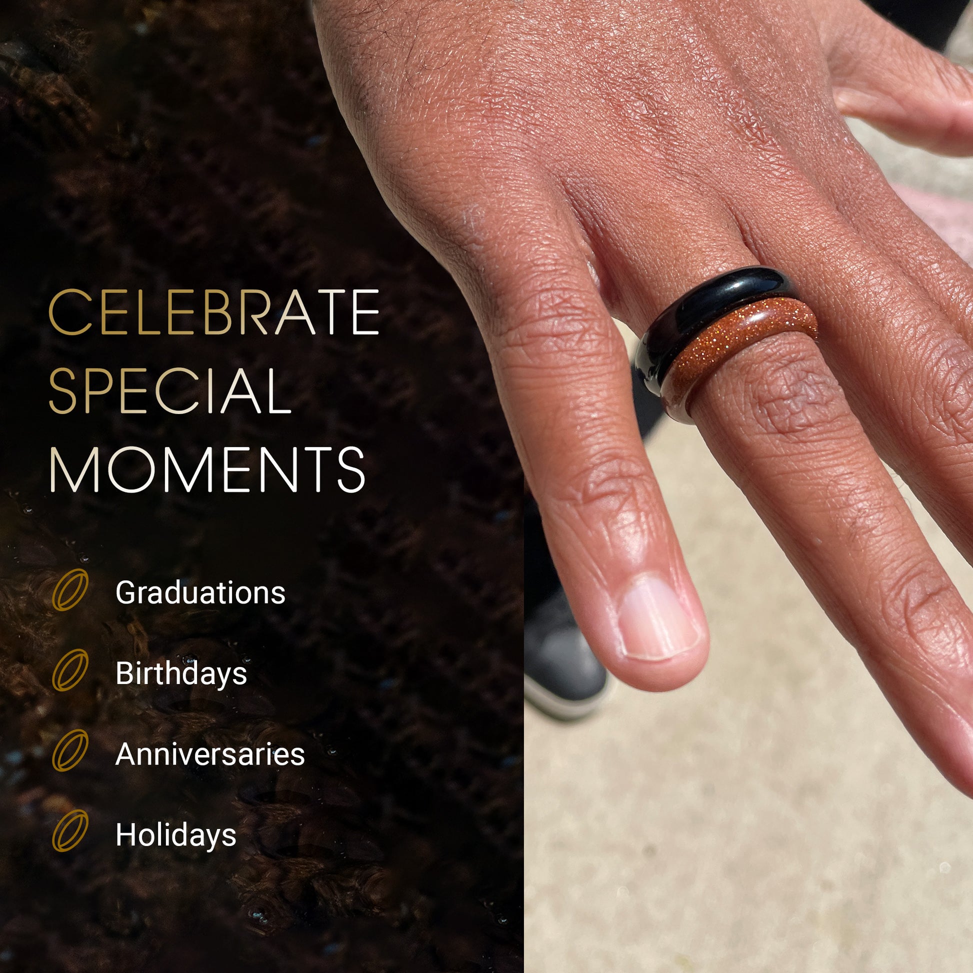 black onyx and goldstone rings on man's hand