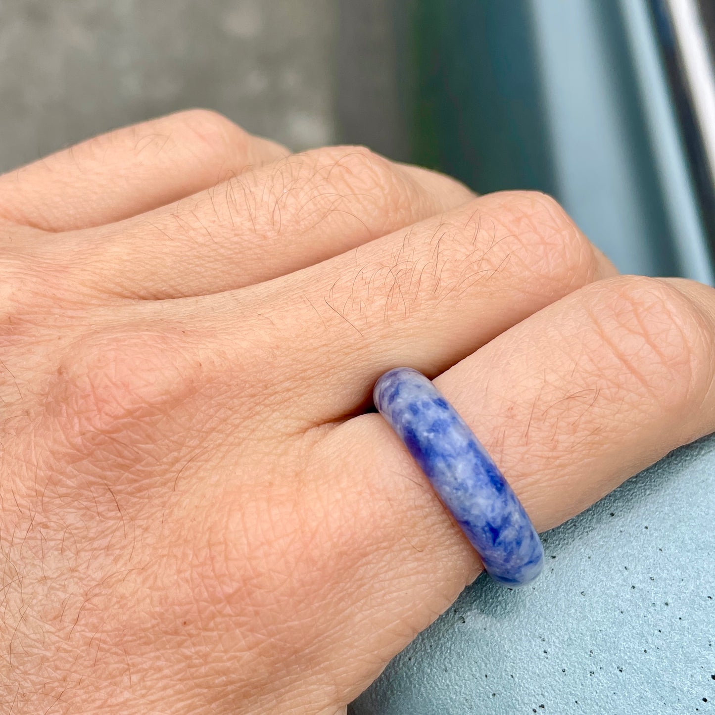 polanco blue jasper ring on man's hand, by whitestone jewelry co.