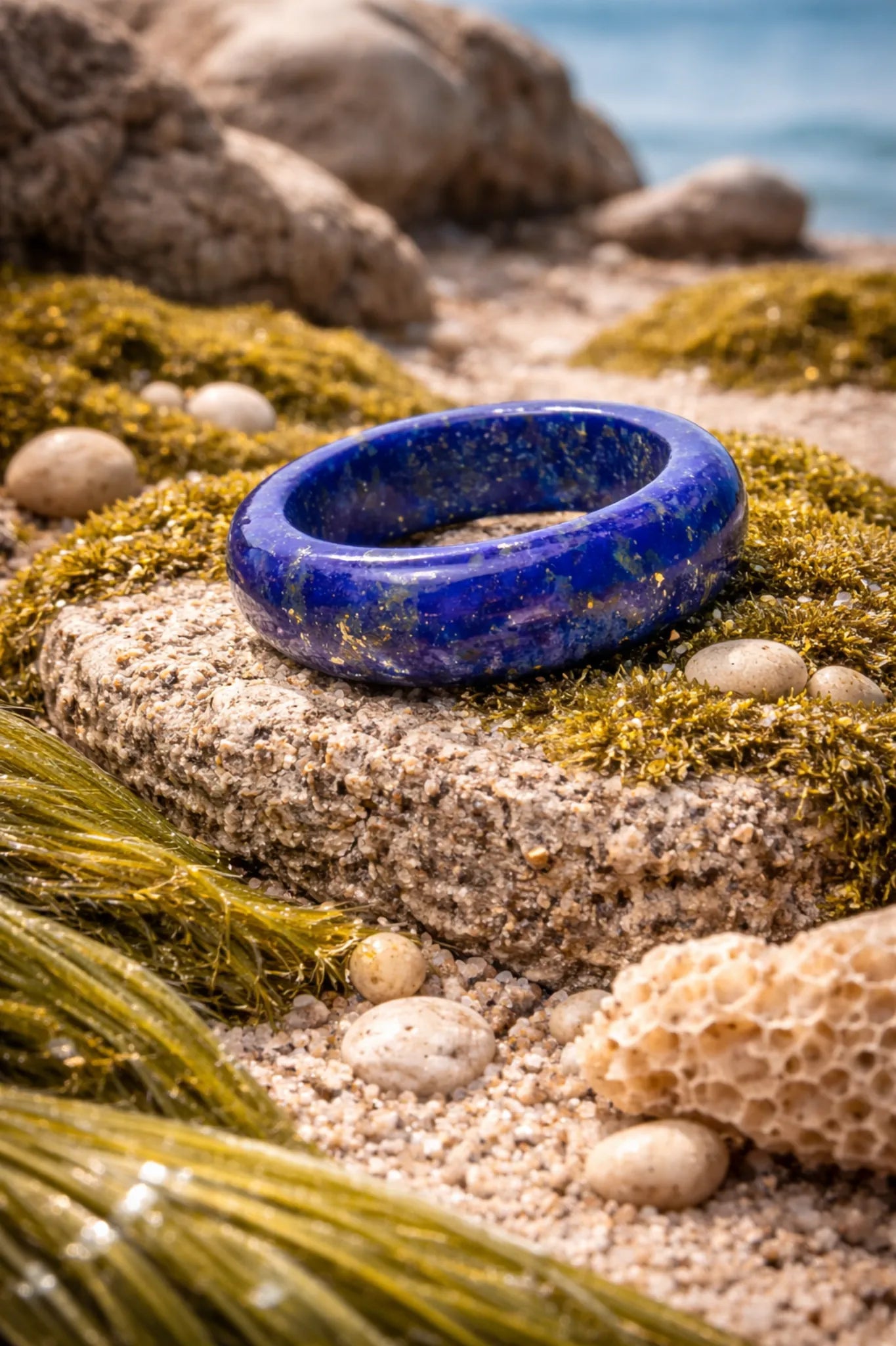 lapis lazuli band ring from the Maya collection sitting on a rock on a beach from Whitestone Jewelry Co.
