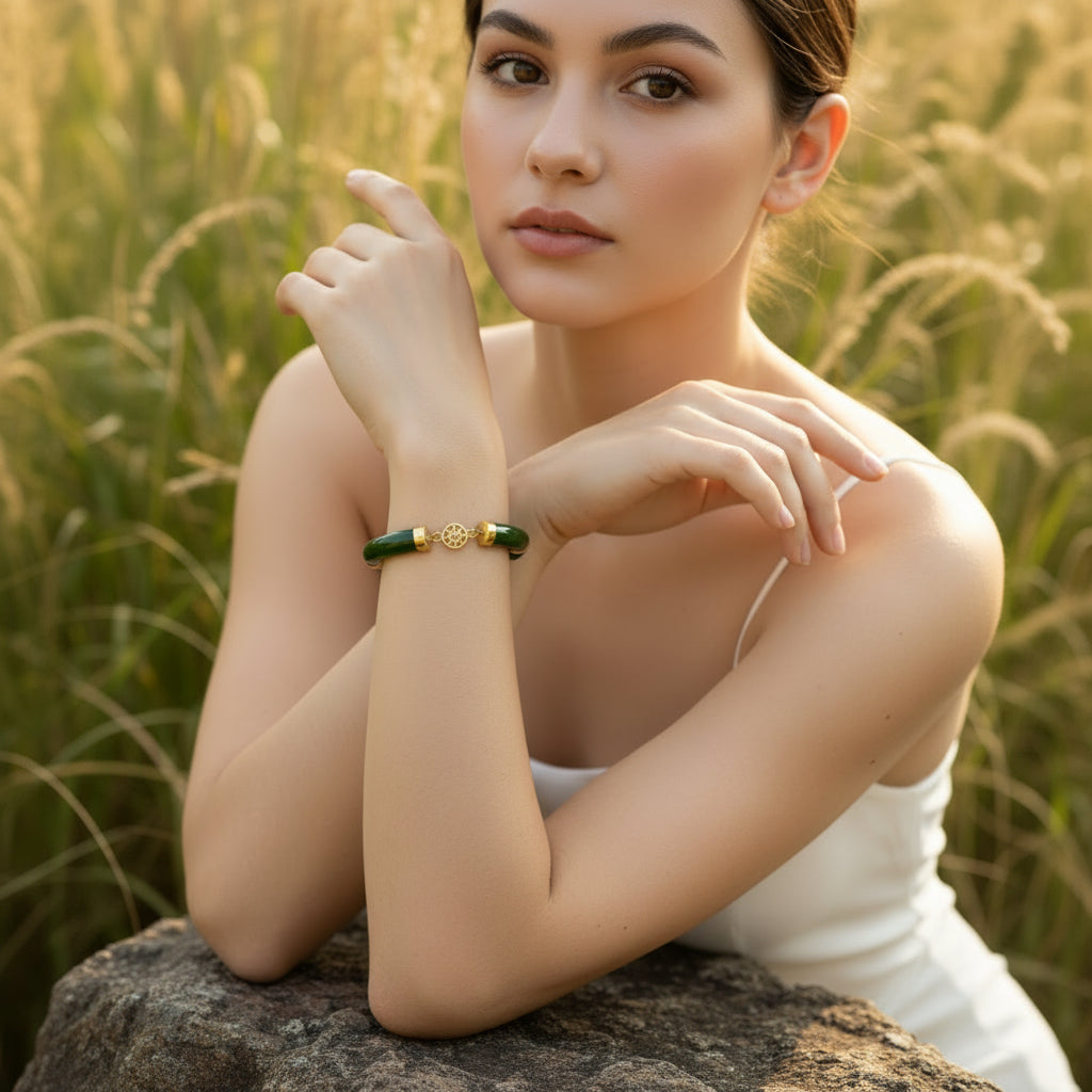 Green jade bracelet with gold accents on a woman's wrist