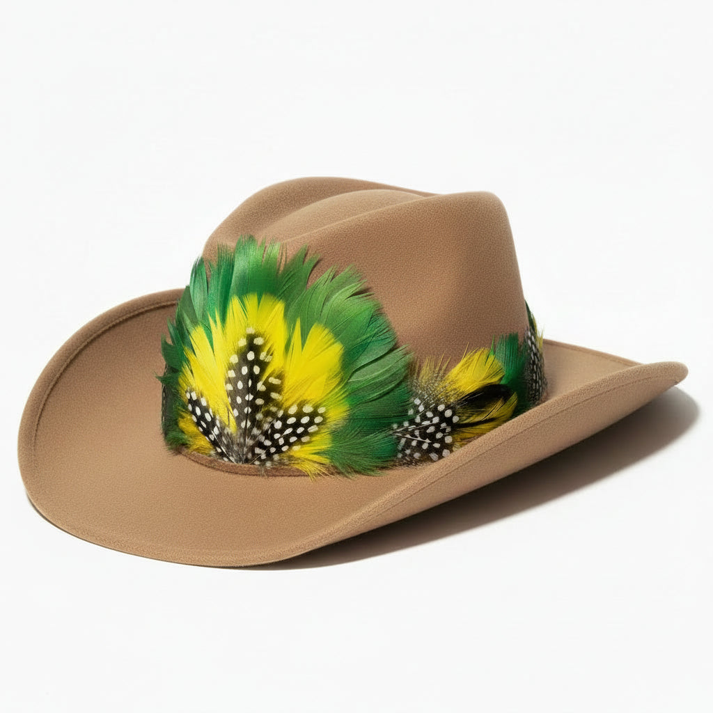tan hat with colorful feathers on a white background