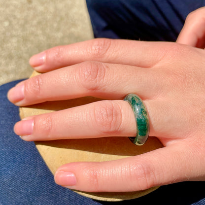 carmela moss agate ring on woman's hand, by whitestone jewelry co.