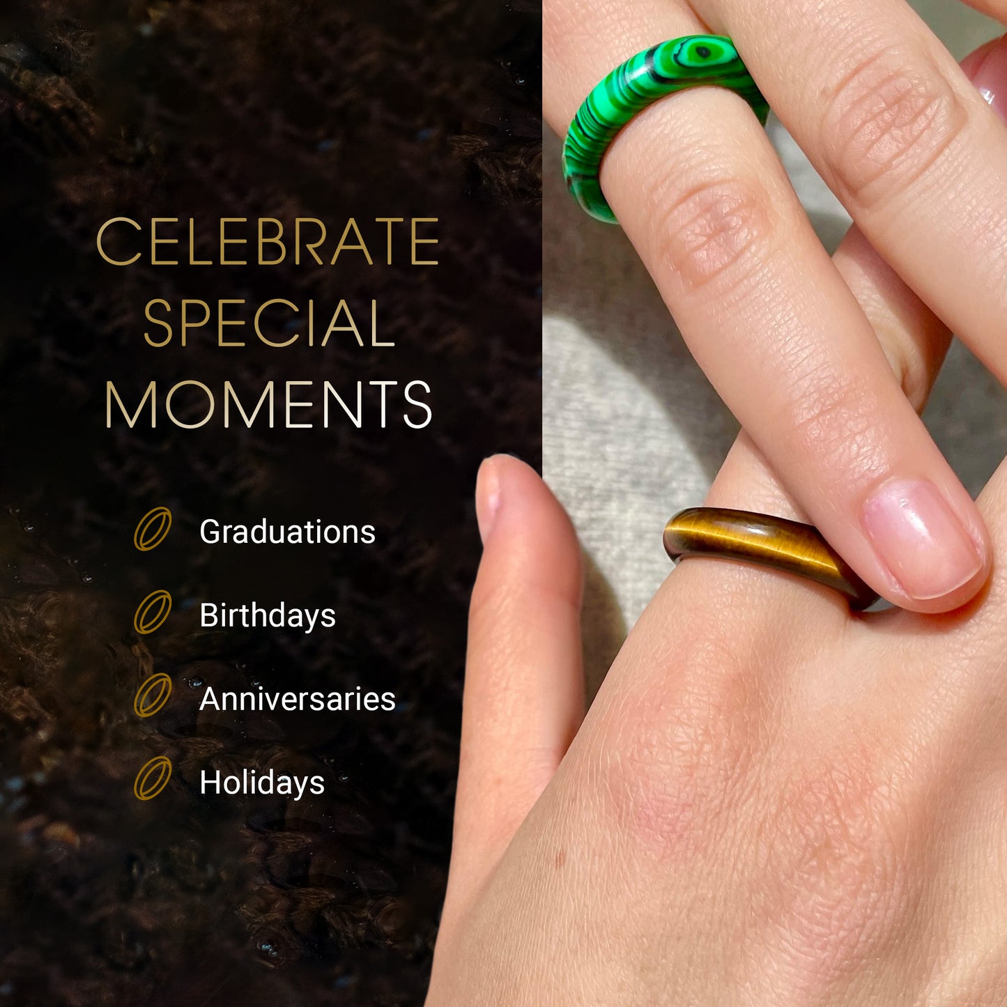 tikal malachite and toltec tiger's eye rings on woman's hand by whitestone jewelry co.