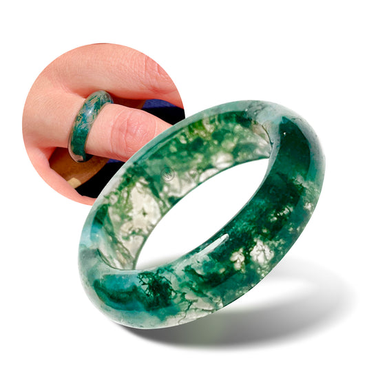 carmela moss agate ring on model's finger, by whitestone jewelry co.