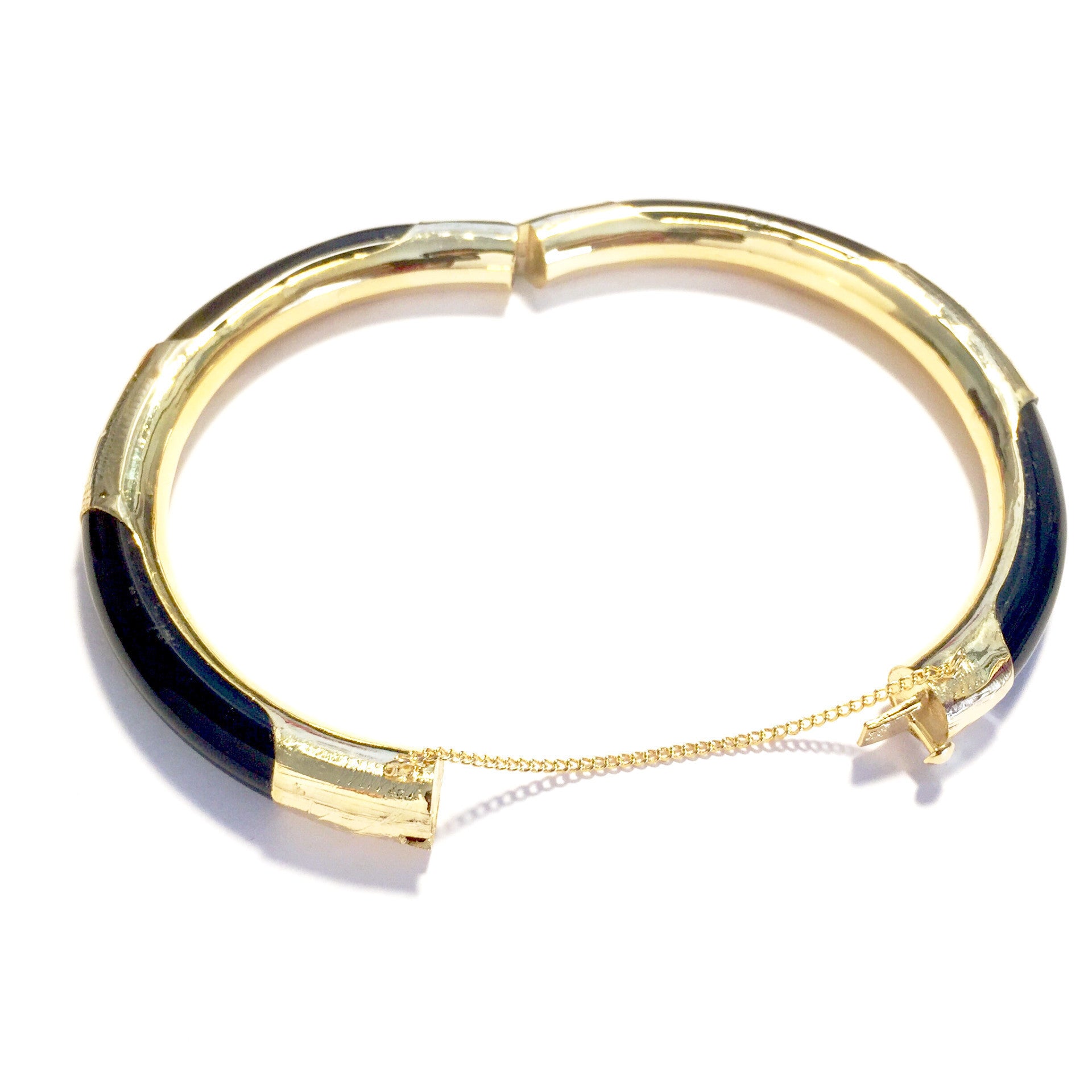 Black Onyx Bangle Bracelet with Gold Clasp-Open 2-Whitestone Jewelry Co.
