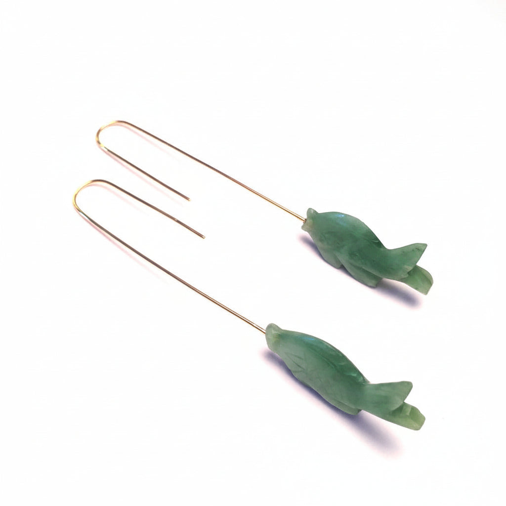 vintage green hade fish earrings with 18K gold plated hanging posts