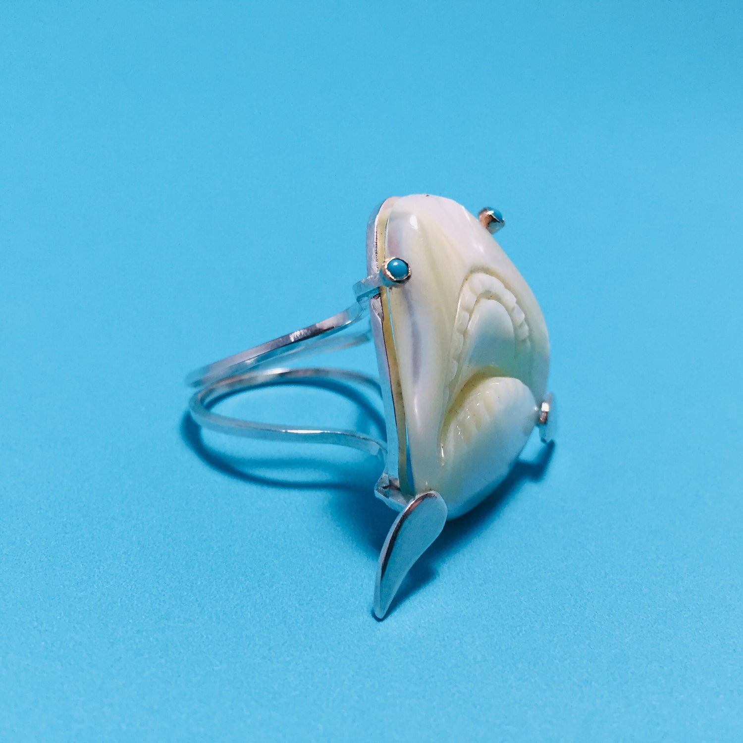 Custom Art Shark Ring - Sterling Silver, Mother of Pearl, 18K Gold, Turquoise - Size 7 US