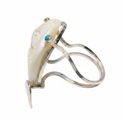 Custom Art Shark Ring - Size 7 - Sterling Silver, Mother of Pearl, 18K Gold, Turquoise